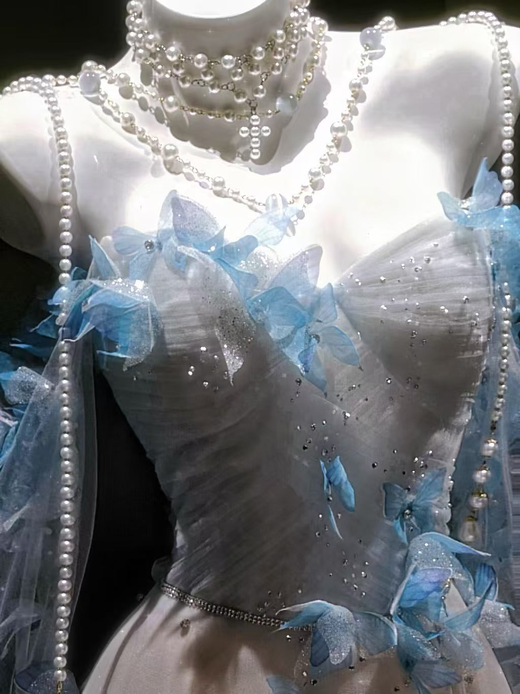 Blue Petal Appliqué Beaded A-Line Evening Dress with Sheer Tulle Cape YL125