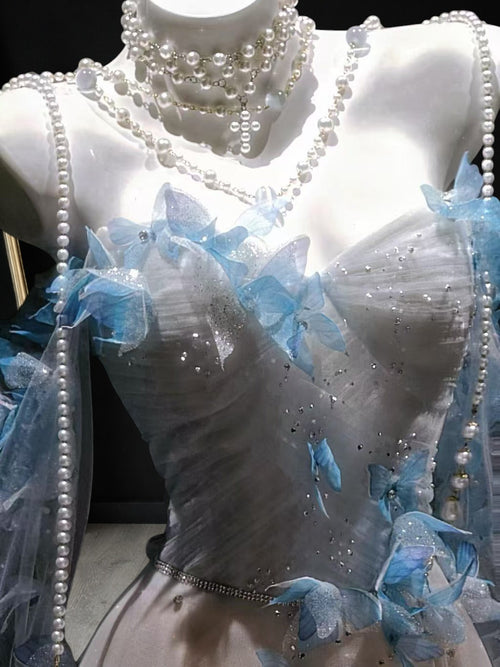 Blue Petal Appliqué Beaded A-Line Evening Dress with Sheer Tulle Cape YL125