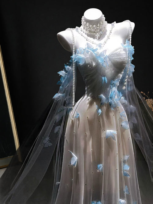 Blue Petal Appliqué Beaded A-Line Evening Dress with Sheer Tulle Cape YL125