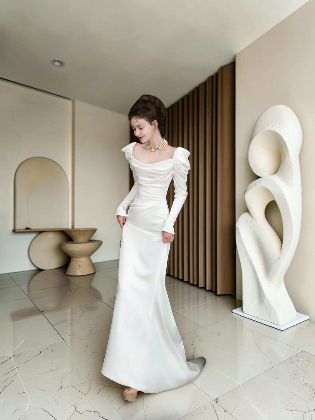 Elegant White Square Neck Evening Dress with Long Sleeves YL128