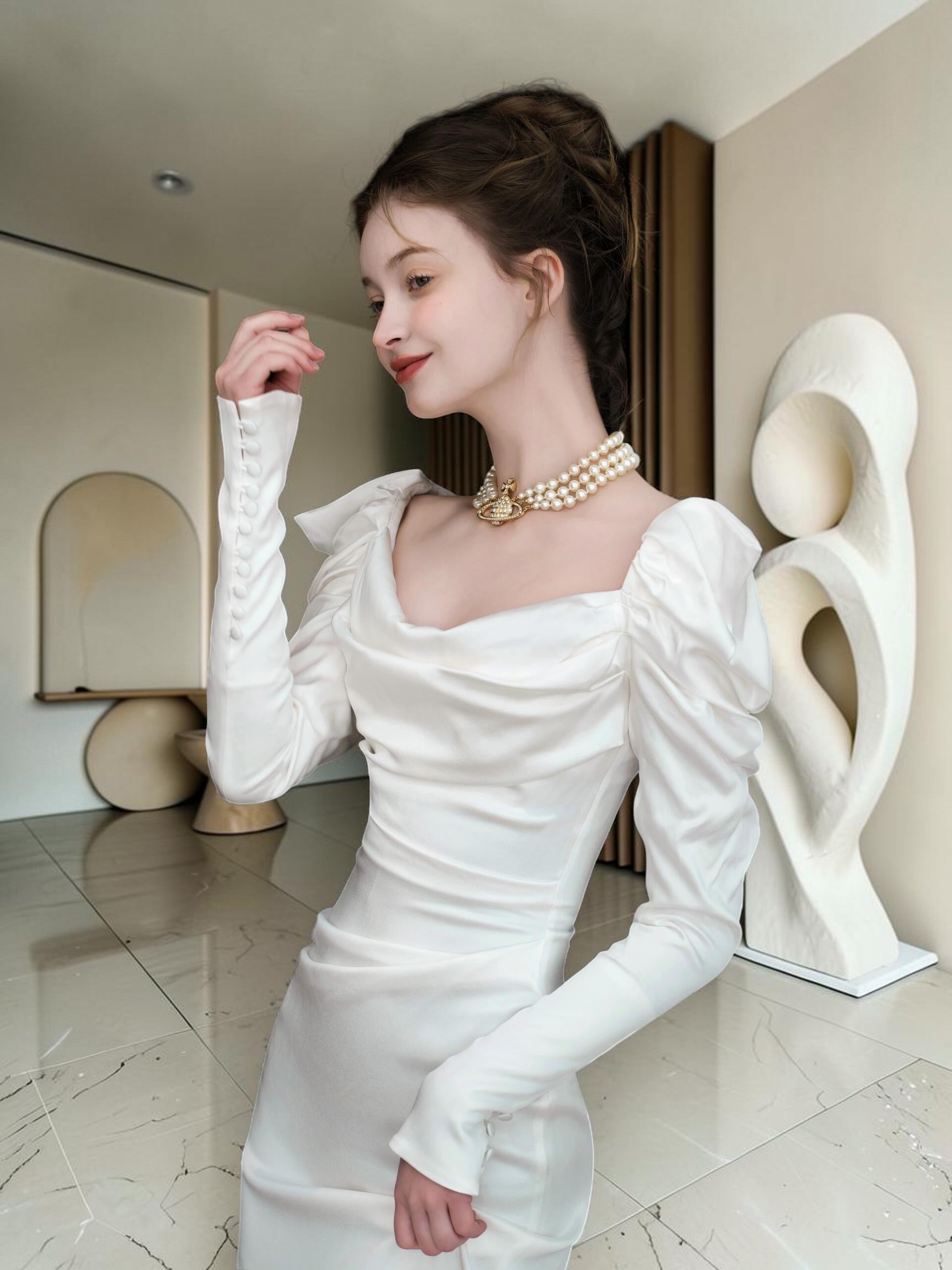Elegant White Square Neck Evening Dress with Long Sleeves YL128