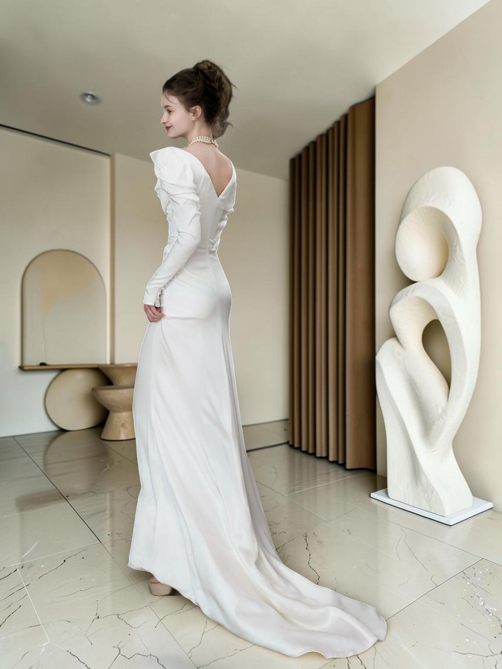 Elegant White Square Neck Evening Dress with Long Sleeves YL128