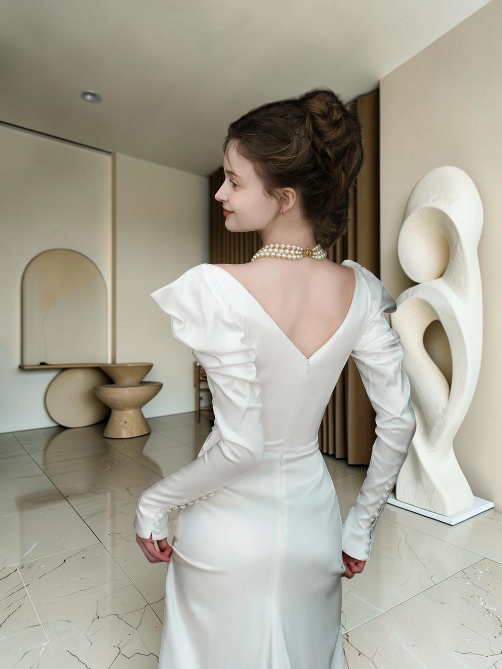 Elegant White Square Neck Evening Dress with Long Sleeves YL128