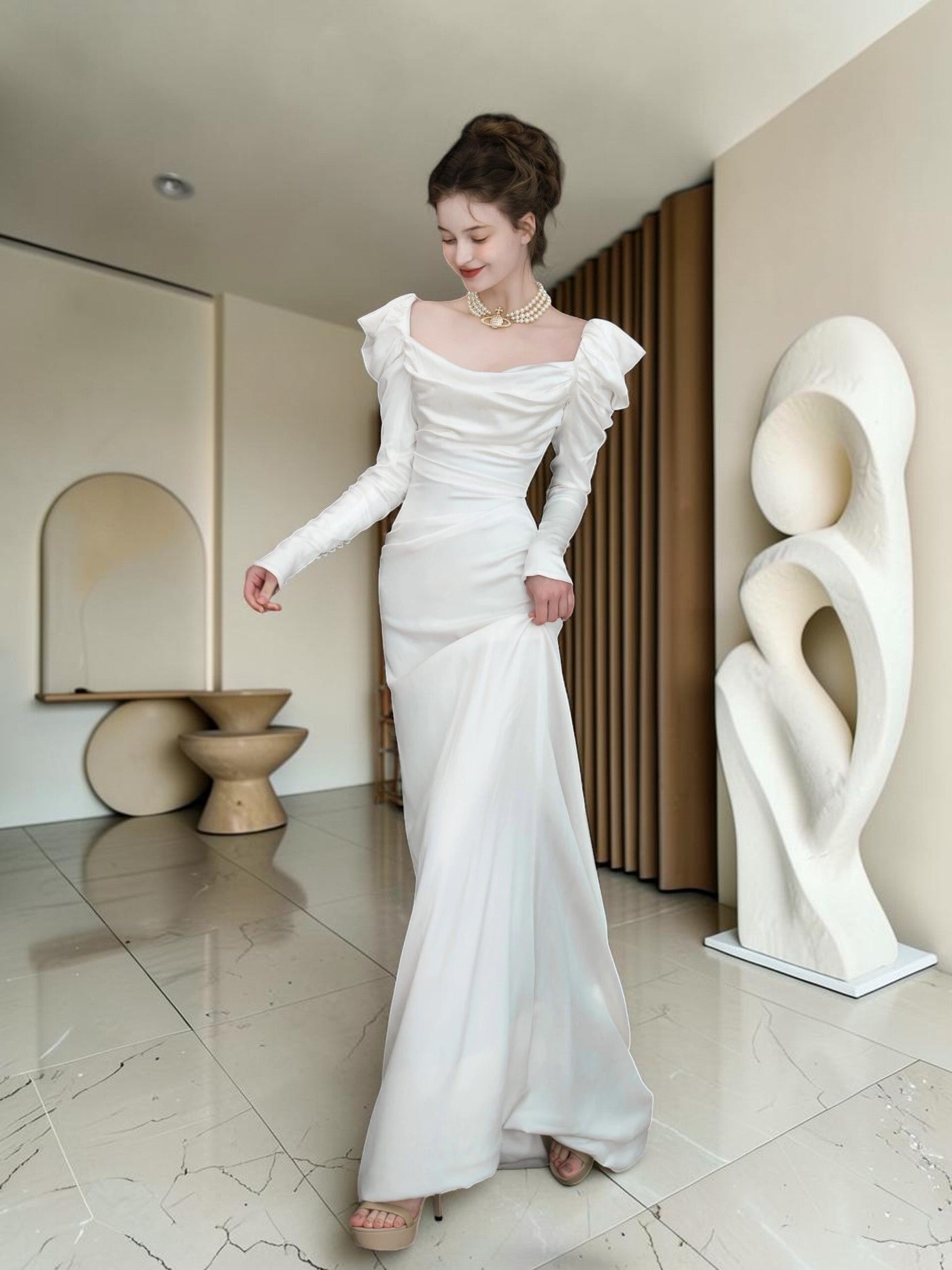 Elegant White Square Neck Evening Dress with Long Sleeves YL128