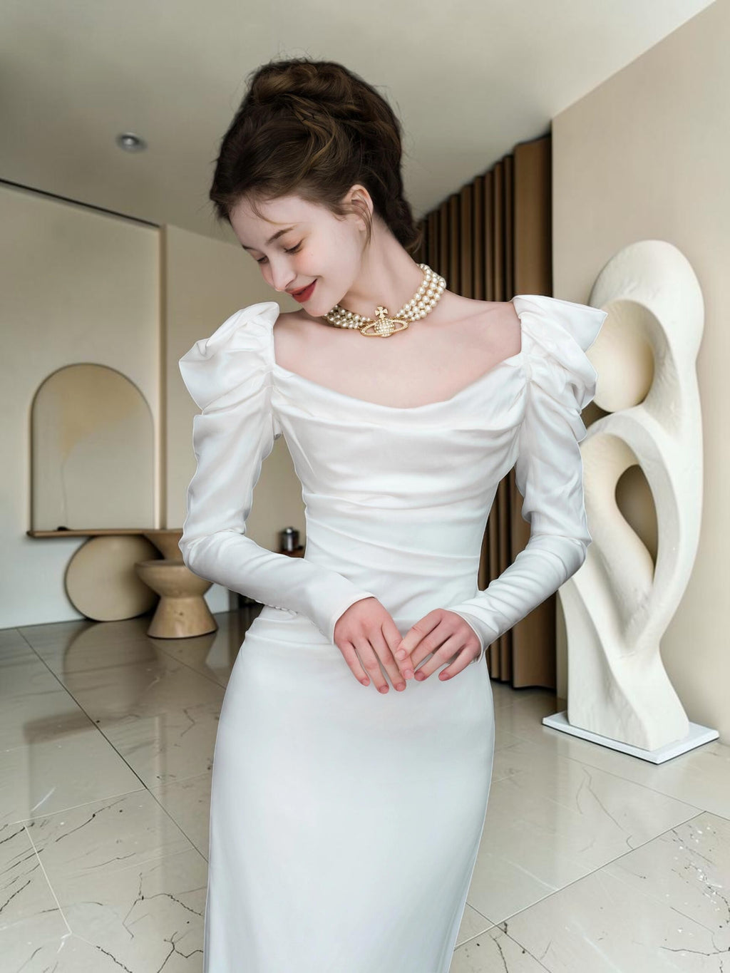 Elegant White Square Neck Evening Dress with Long Sleeves YL128