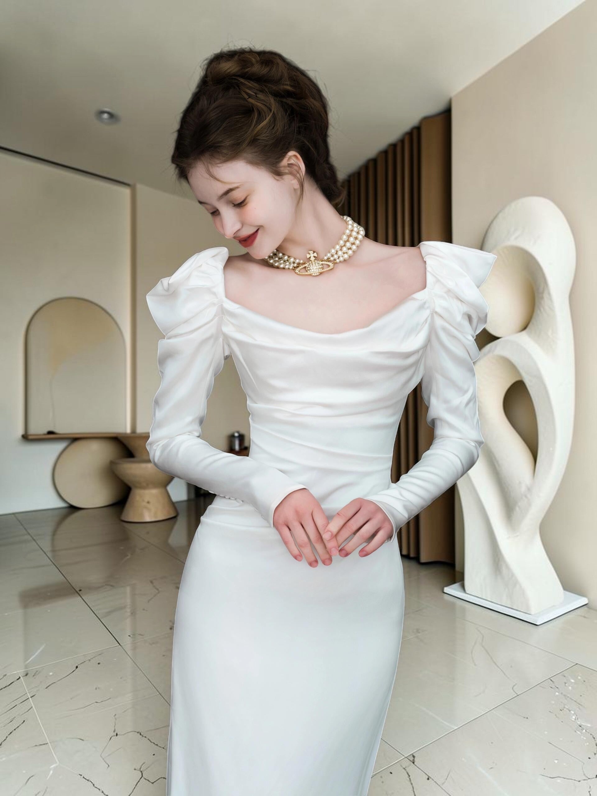 Elegant White Square Neck Evening Dress with Long Sleeves YL128