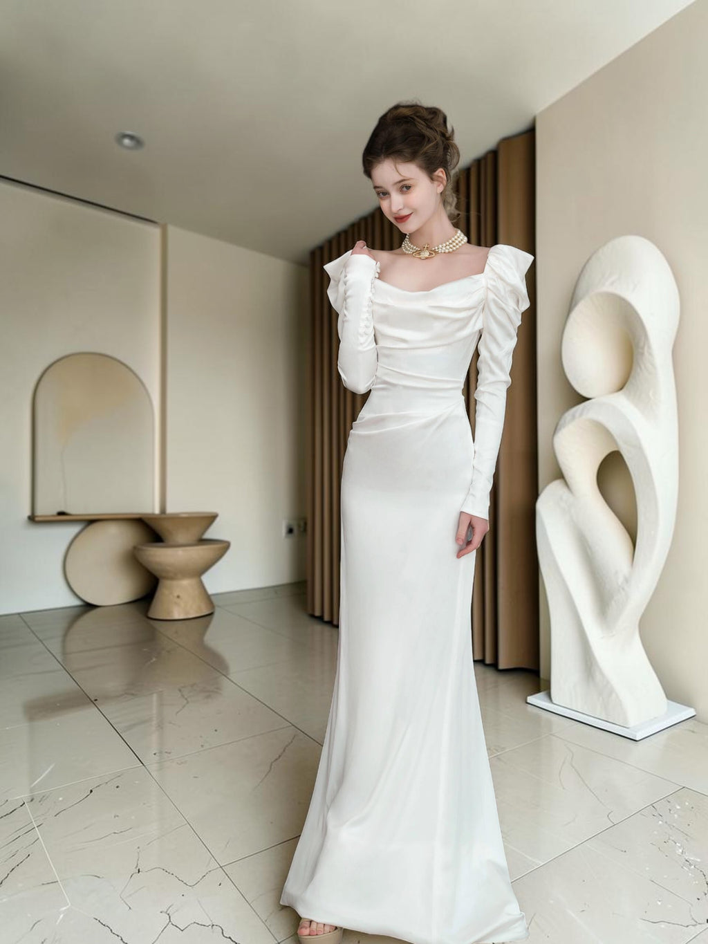 Elegant White Square Neck Evening Dress with Long Sleeves YL128