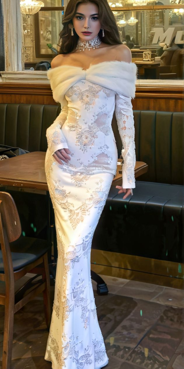 Ivory Long Sleeve with Feathered Capelet Evening Dress SML002