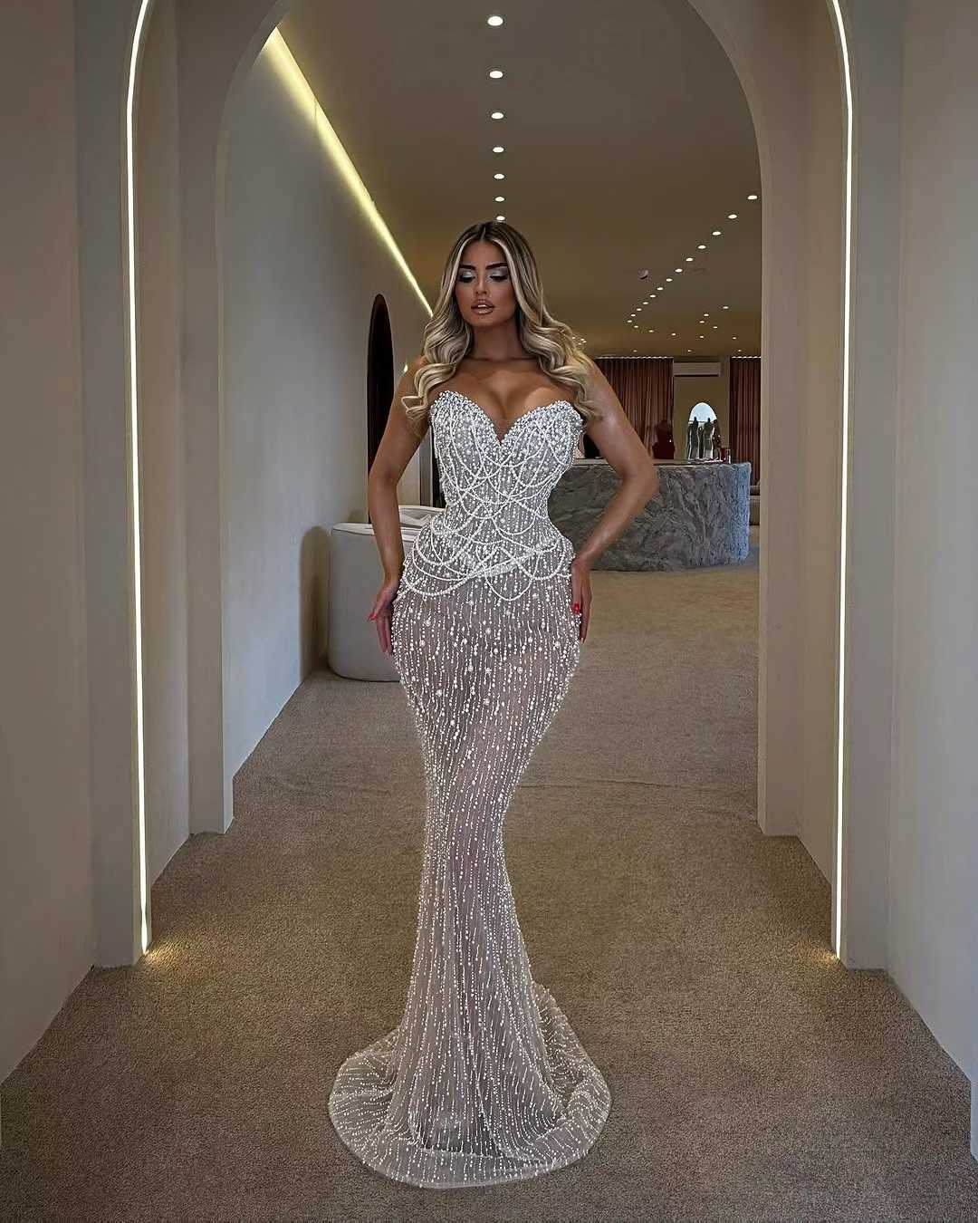 Luxury Pearl Beaded Nude Evening Dress Mermaid SML003