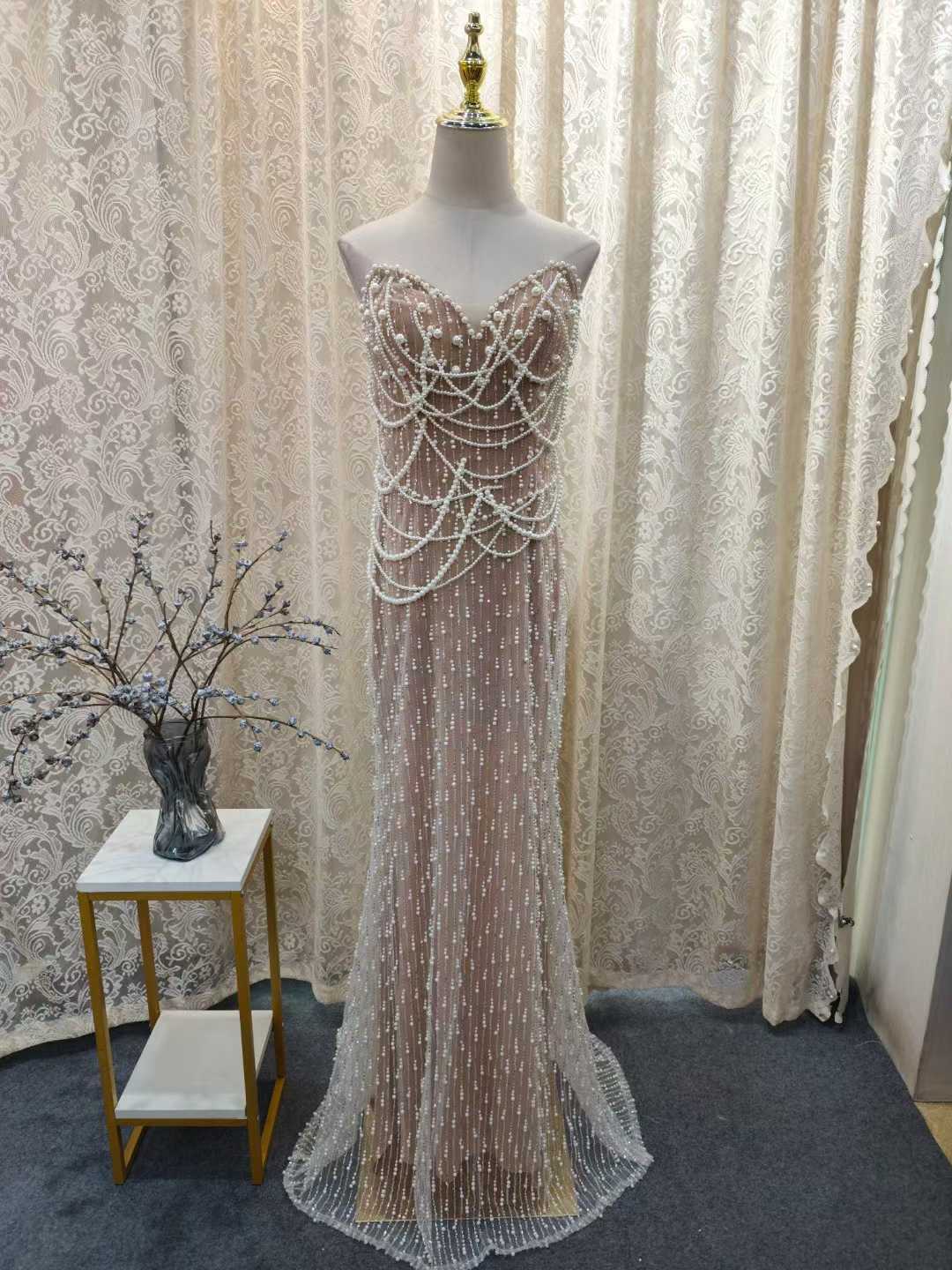 Luxury Pearl Beaded Nude Evening Dress Mermaid SML003
