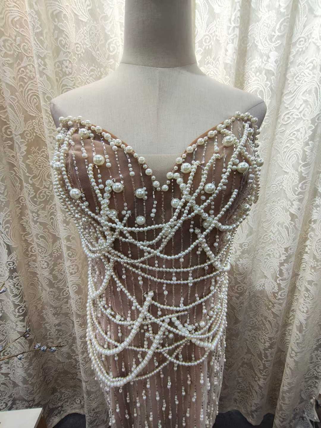Luxury Pearl Beaded Nude Evening Dress Mermaid SML003