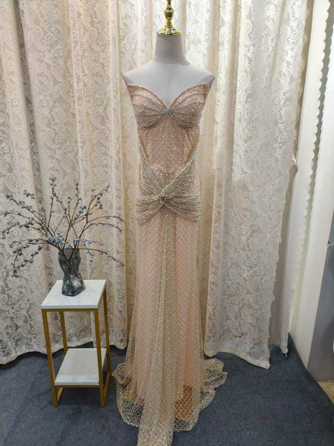 Luxury Champagne Crystal Beaded Evening Dress Mermaid SML004