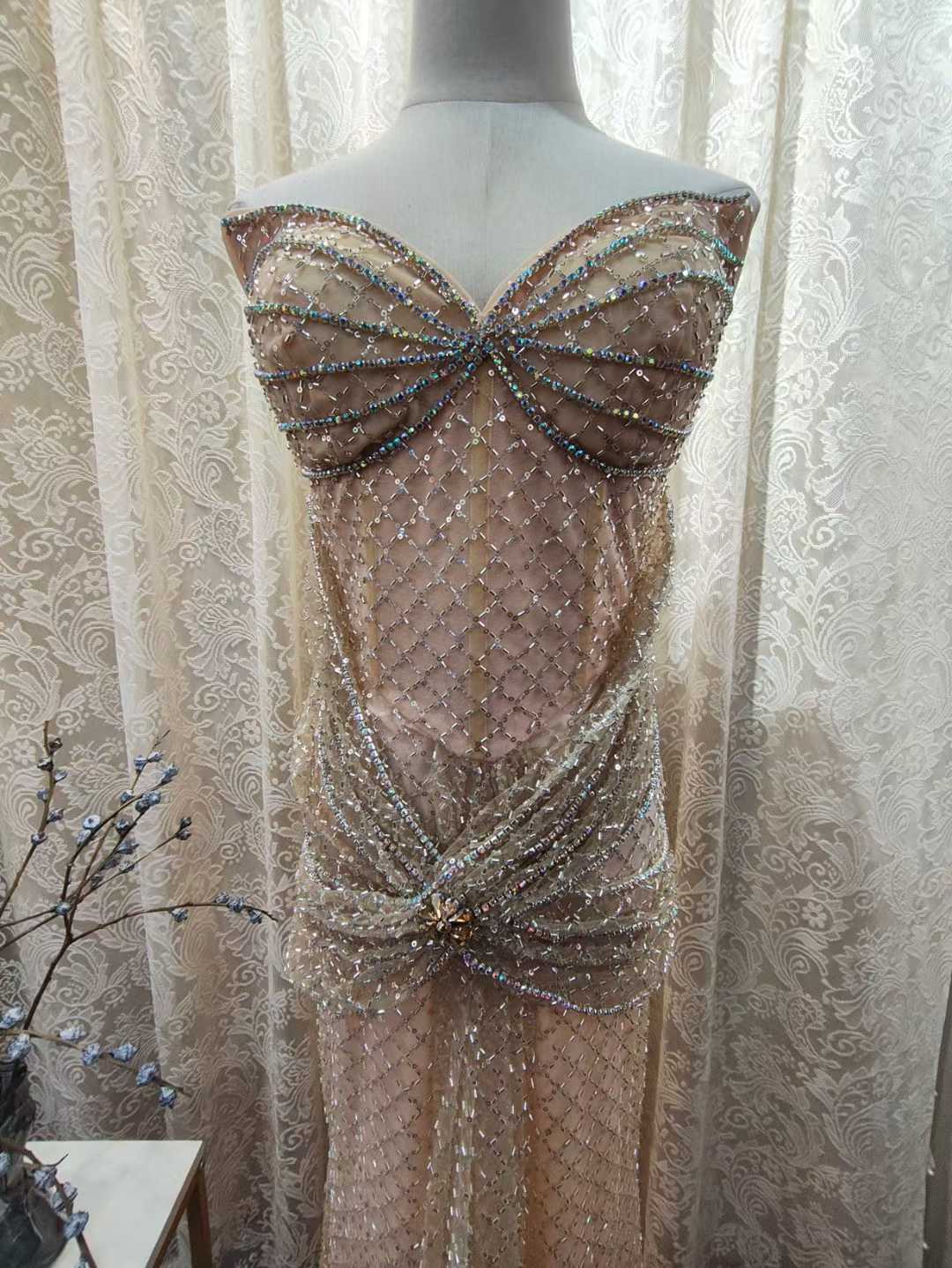 Luxury Champagne Crystal Beaded Evening Dress Mermaid SML004