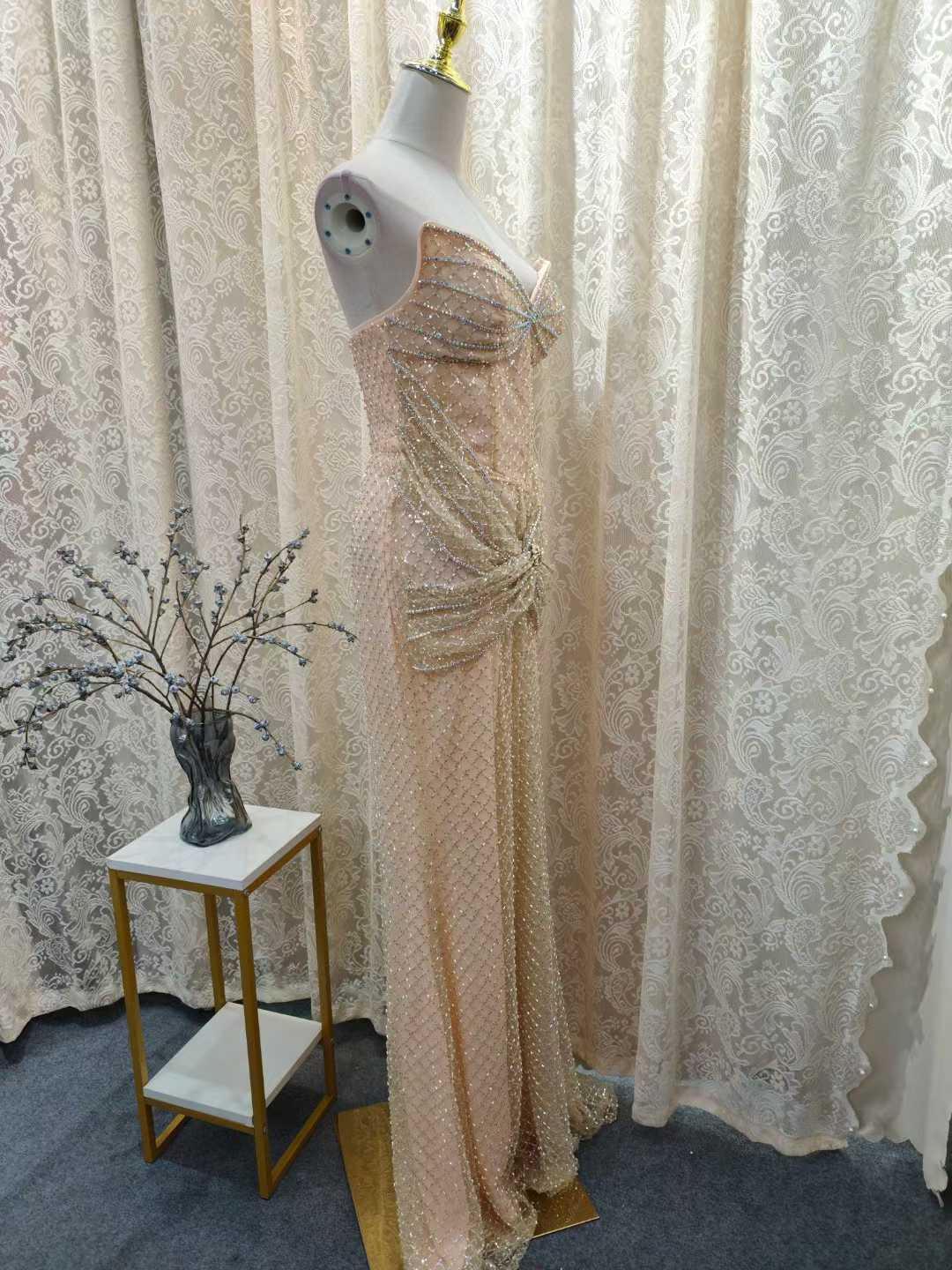 Luxury Champagne Crystal Beaded Evening Dress Mermaid SML004