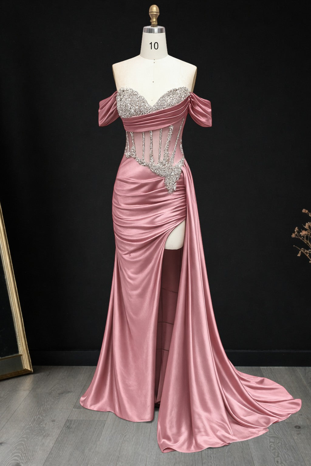 Elegent Champagne Gold Beaded One-Shoulder Evening Dress CZ159