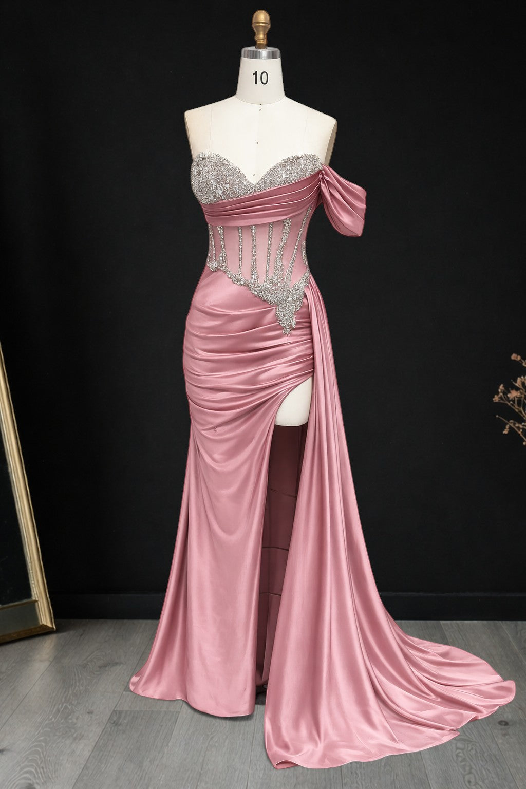 Elegent Champagne Gold Beaded One-Shoulder Evening Dress CZ159