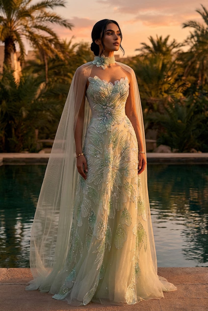 Luxury Green with Beaded Floral Details and Draped Sleeves Evening Dress SL161