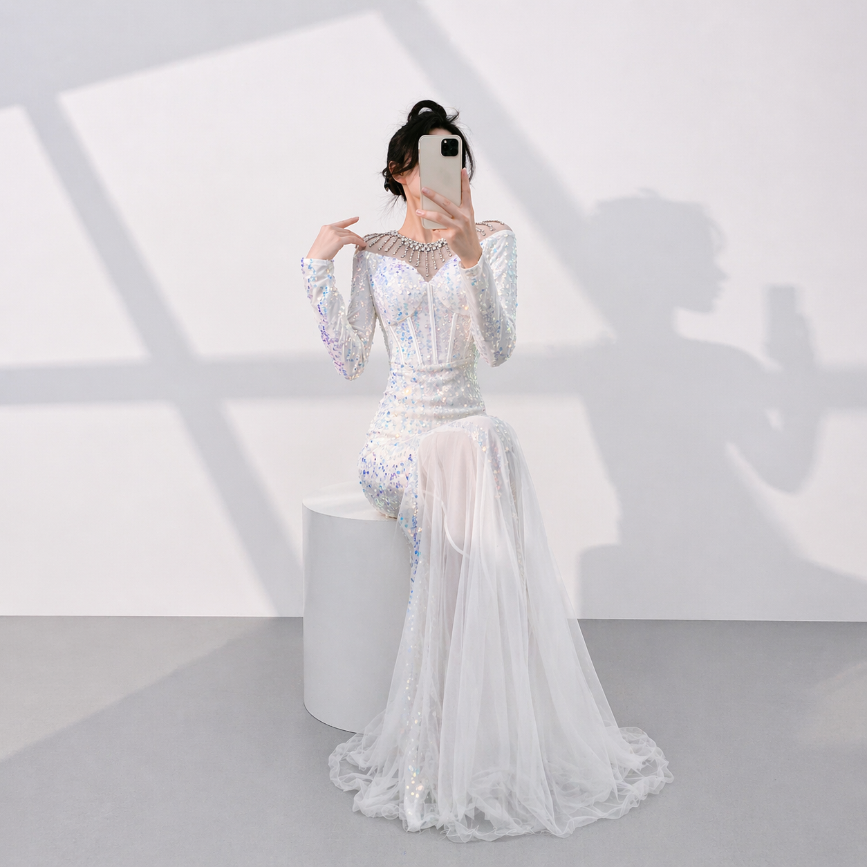 Luxury White Sequin Evening Dress with Illusion Neckline and Long Sleeves SL512
