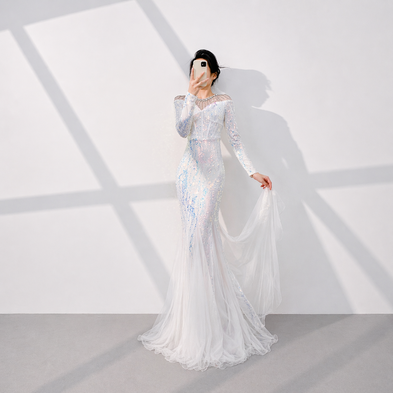 Luxury White Sequin Evening Dress with Illusion Neckline and Long Sleeves SL512