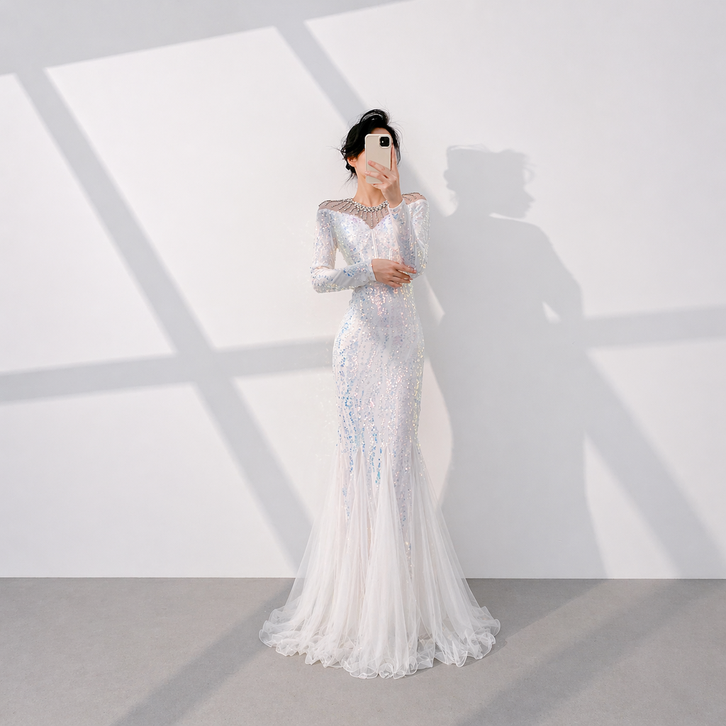 Luxury White Sequin Evening Dress with Illusion Neckline and Long Sleeves SL512