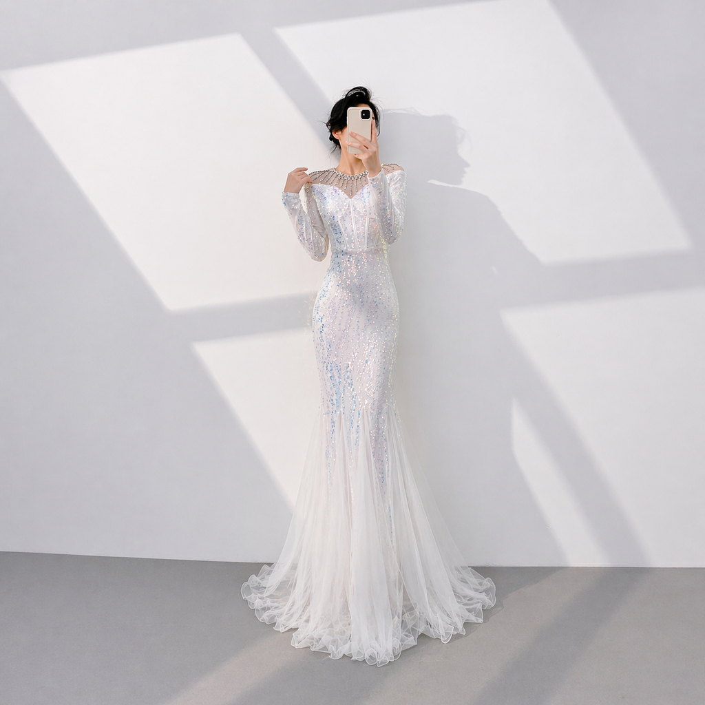 Luxury White Sequin Evening Dress with Illusion Neckline and Long Sleeves SL512