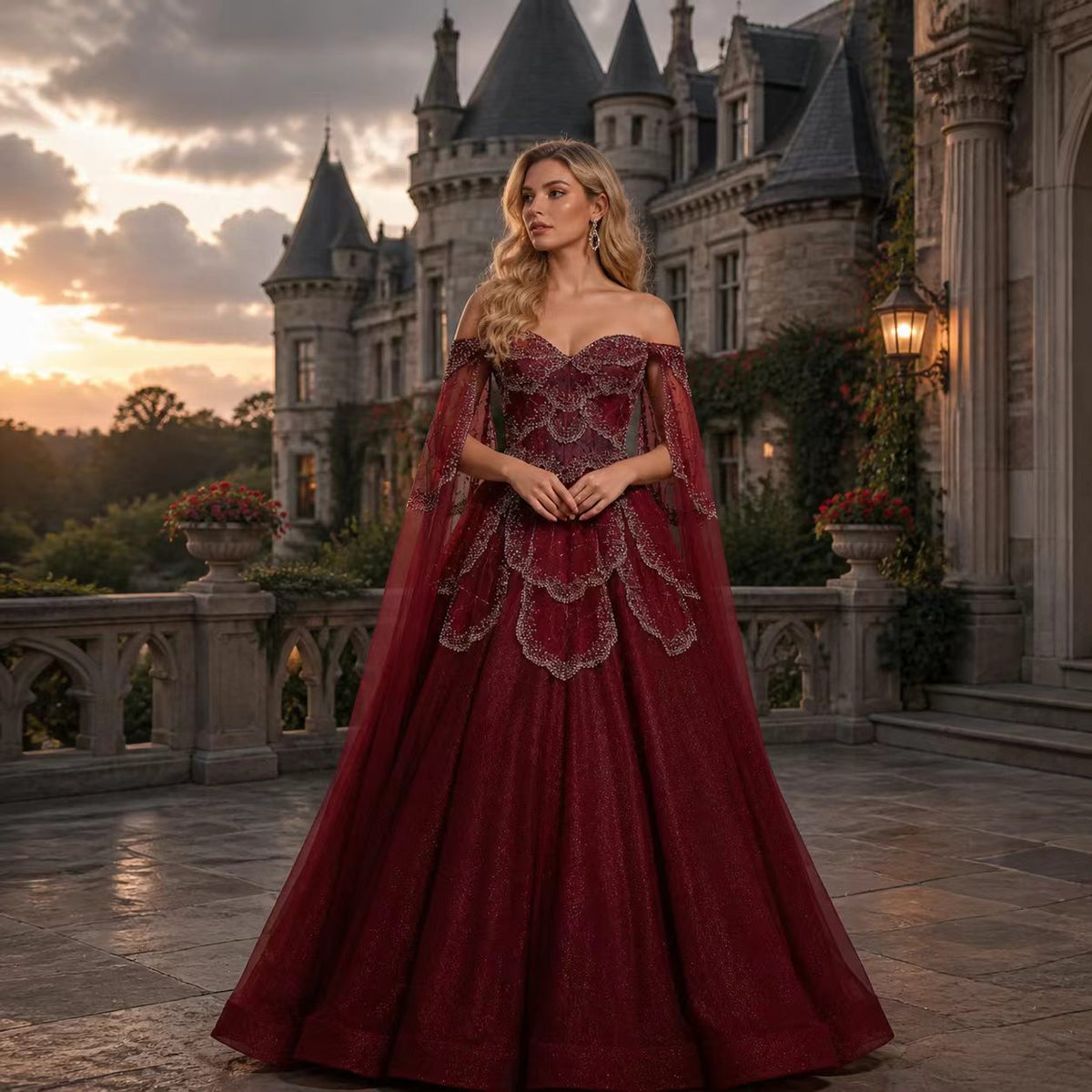 Elegant Burgundy Off-Shoulder Beaded Cape Ball Gown Evening Dress SL121