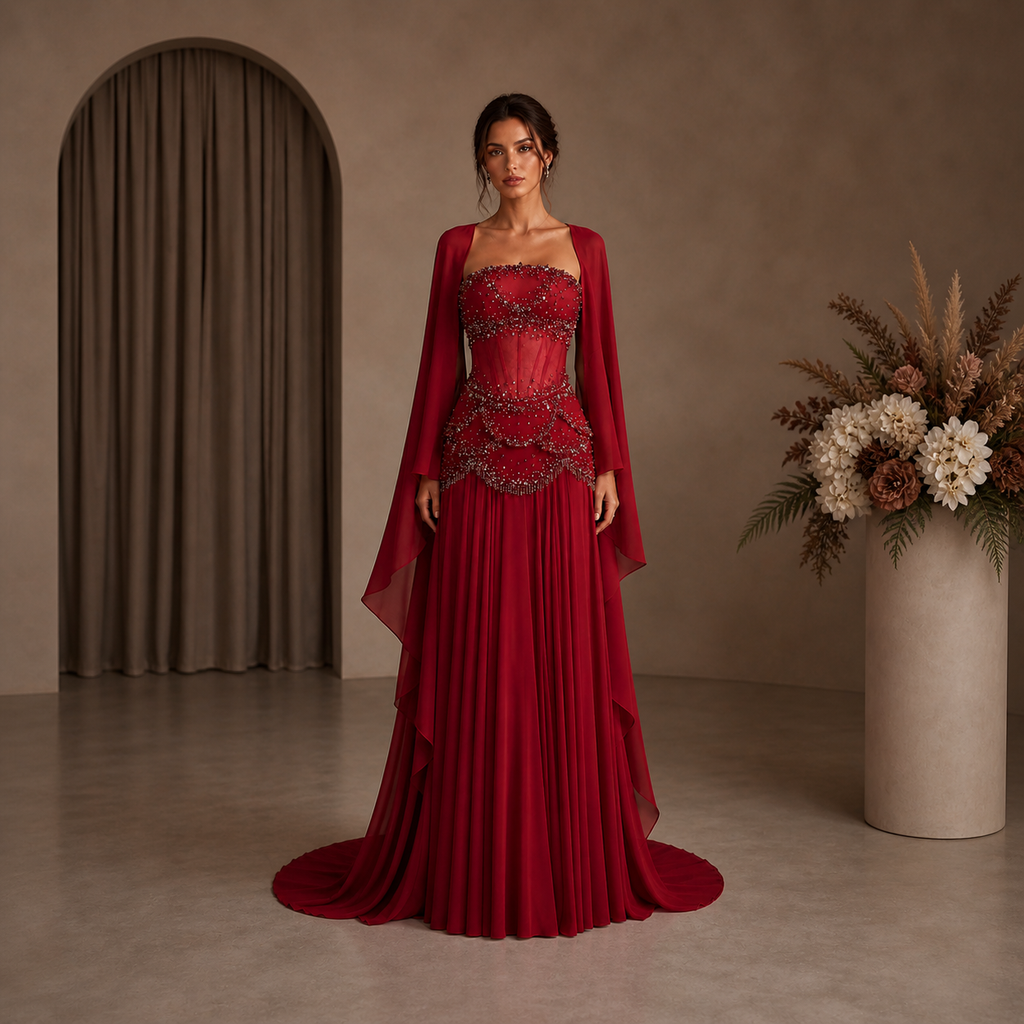 Blue Strapless Beaded Corset Gown with Sheer Cape Sleeves SL188