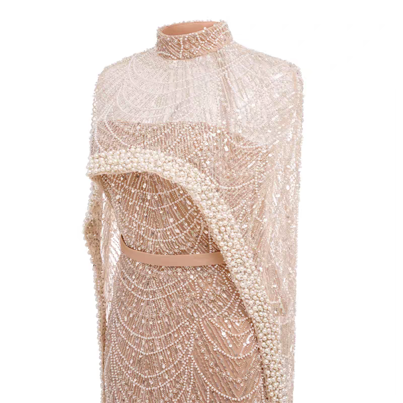 Luxury Champagne Beaded Cape Evening Dress SL122