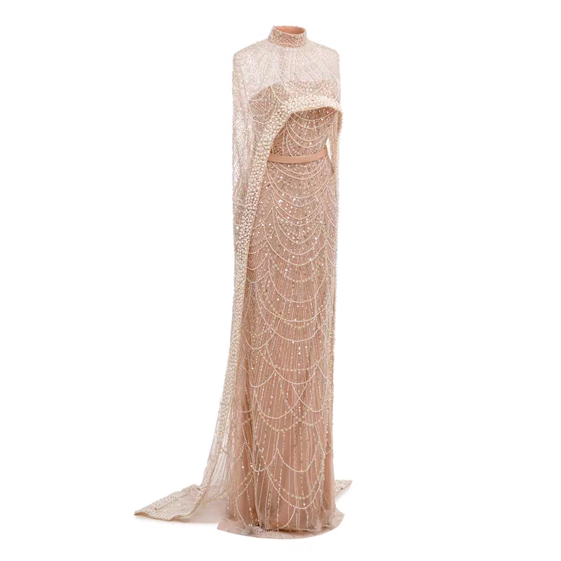Luxury Champagne Beaded Cape Evening Dress SL122