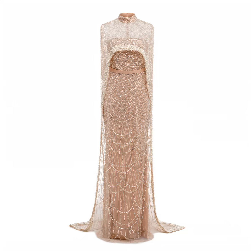 Luxury Champagne Beaded Cape Evening Dress SL122