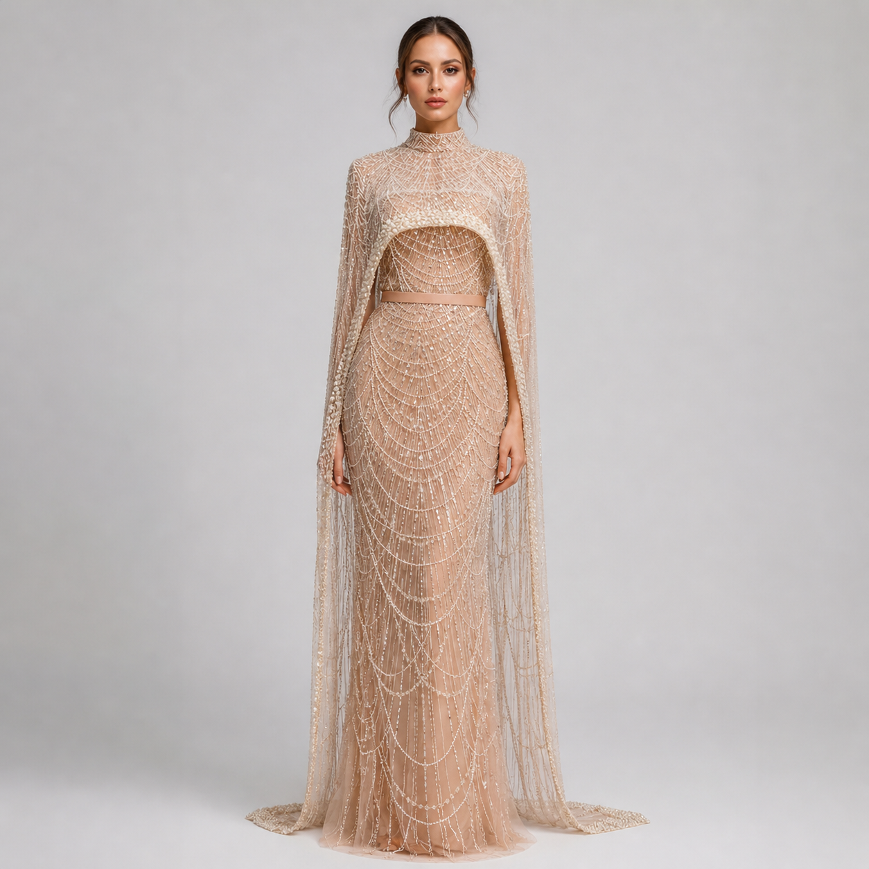 Luxury Champagne Beaded Cape Evening Dress SL122
