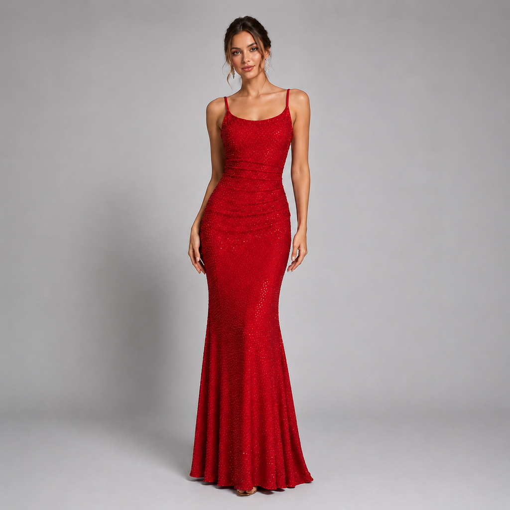 Elegant Red Rhinestone Mermaid Gown for Formal Evening Dress SL124