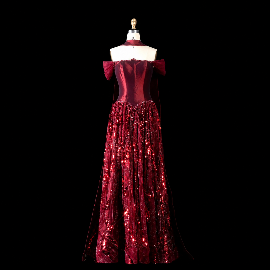 Luxury Off-Shoulder Sequin Evening Gown with Choker Scarf SL174