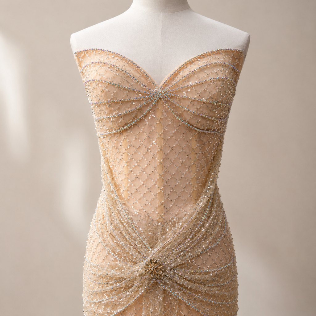 Luxury Champagne Crystal Beaded Evening Dress Mermaid SML004