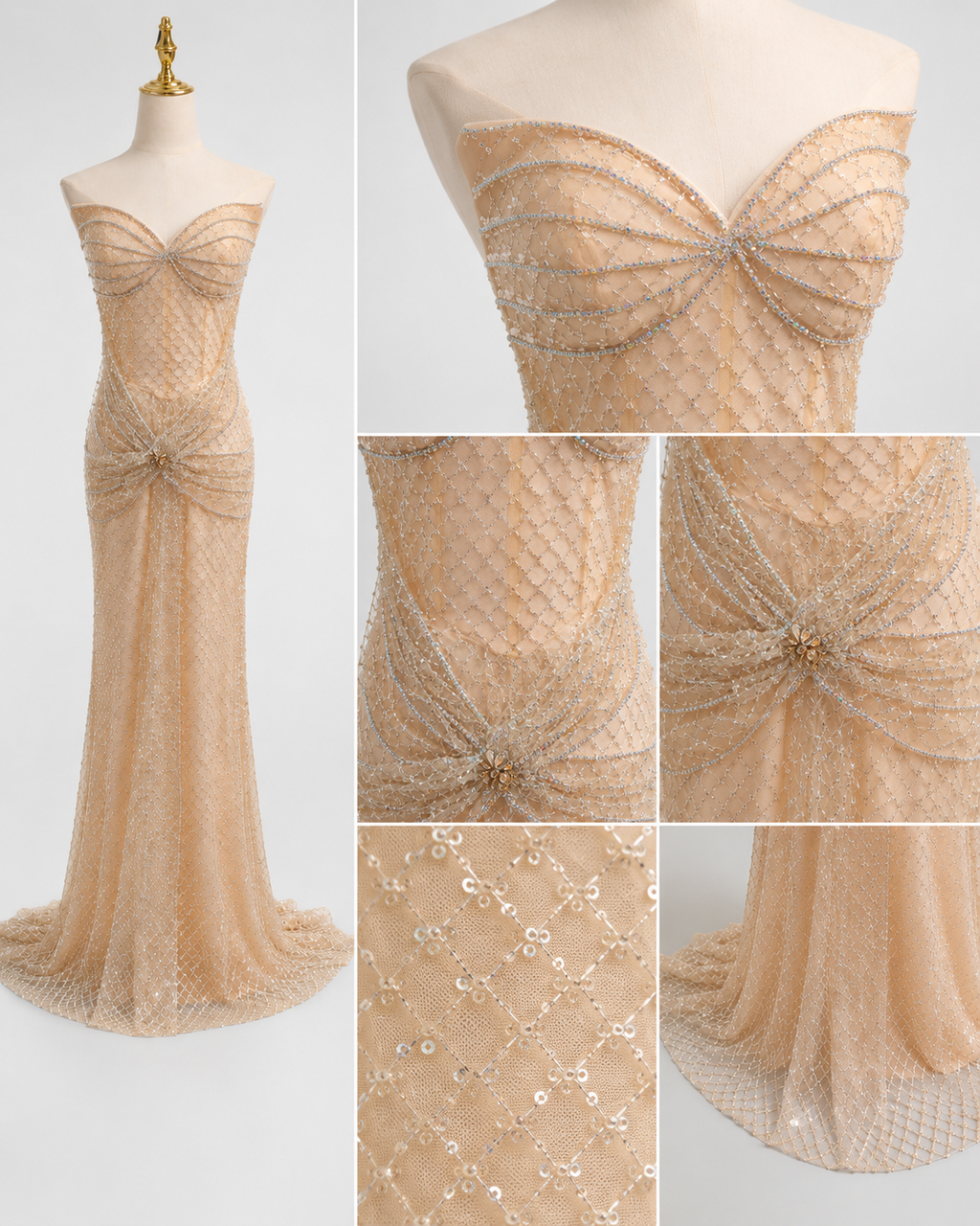 Luxury Champagne Crystal Beaded Evening Dress Mermaid SML004
