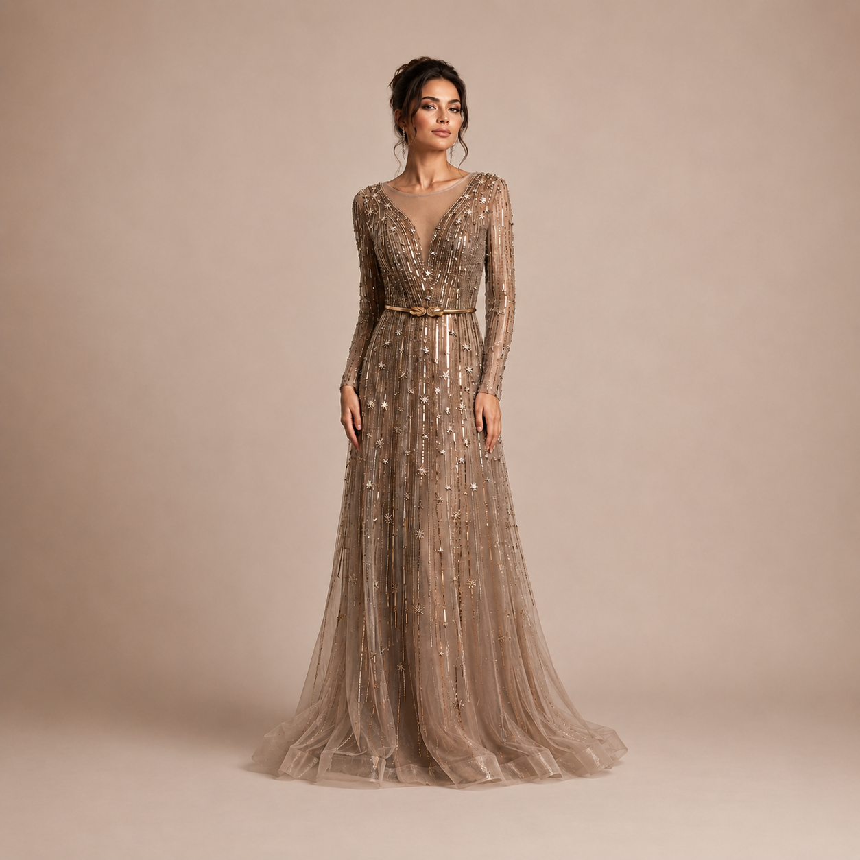 Elegant Mocha Brown Beaded Long Sleeve Evening Dress with Illusion Neckline SL129