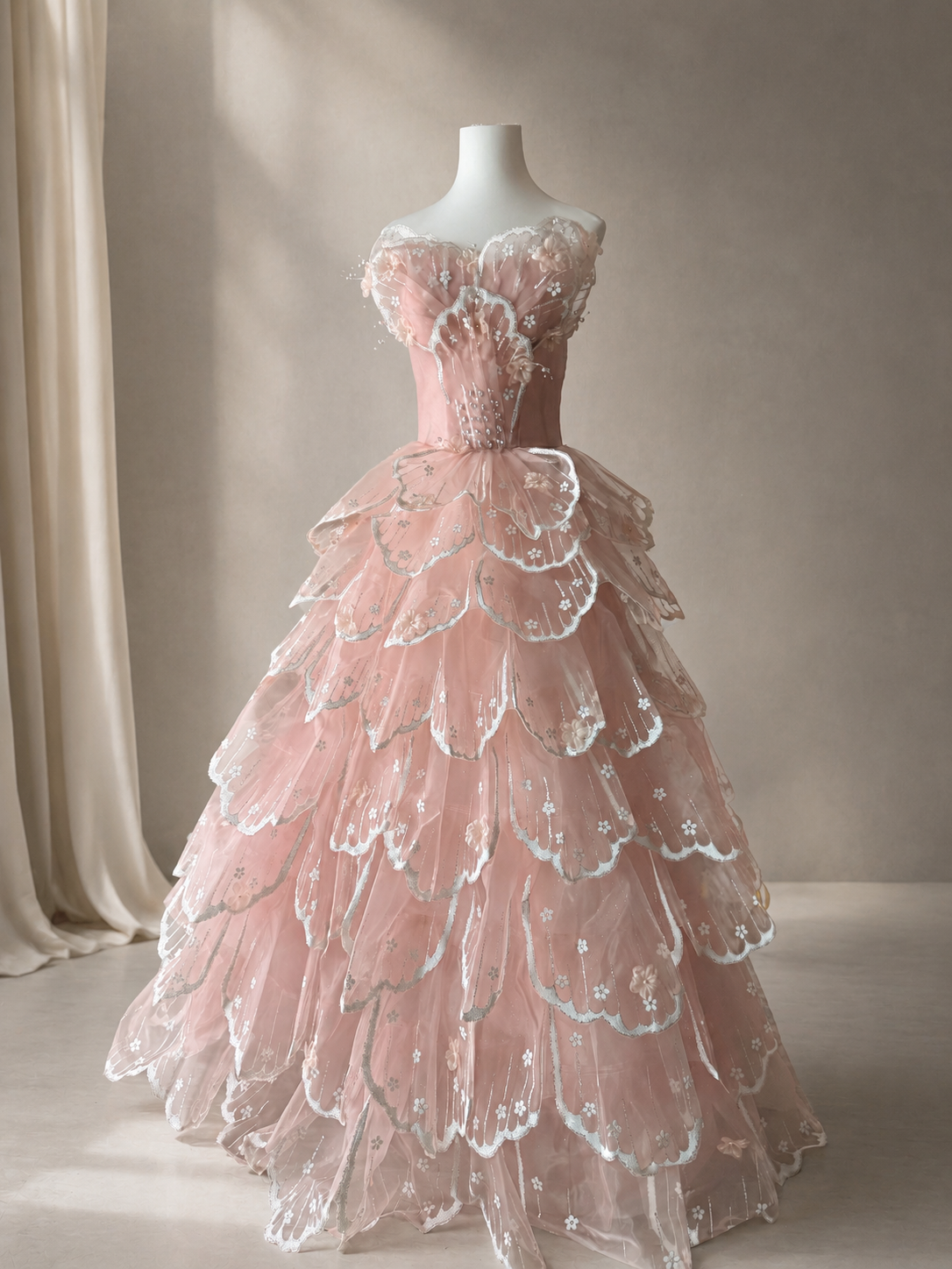 Luxury Blush Pink 3D Floral Layered Tulle with Detachable Sleeves Evening Dress YL146