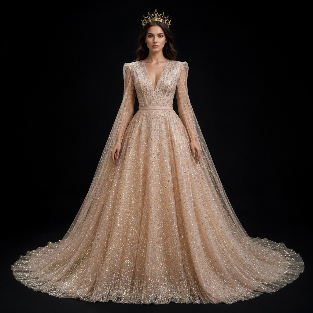 Luxury Champagne Glitter Evening Gowns with Sheer Cape Sleeves SL133