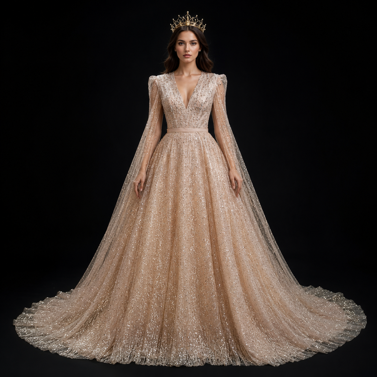 Luxury Champagne Glitter Evening Gowns with Sheer Cape Sleeves SL133