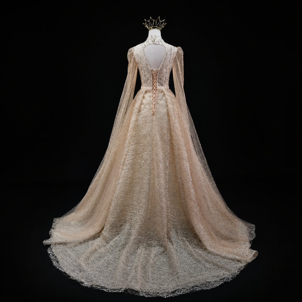 Luxury Champagne Glitter Evening Gowns with Sheer Cape Sleeves SL133