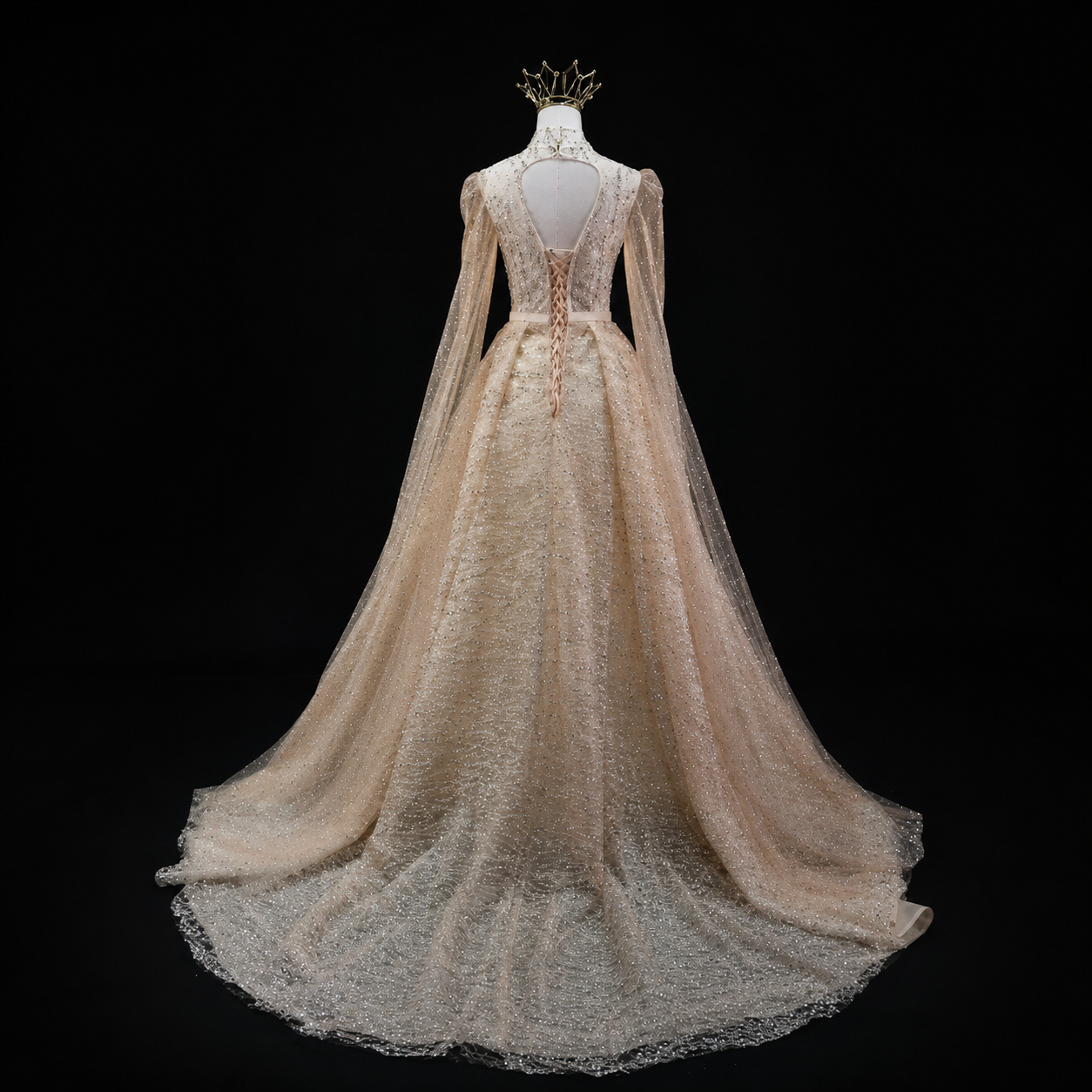 Luxury Champagne Glitter Evening Gowns with Sheer Cape Sleeves SL133