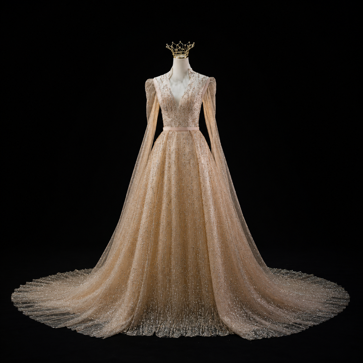 Luxury Champagne Glitter Evening Gowns with Sheer Cape Sleeves SL133