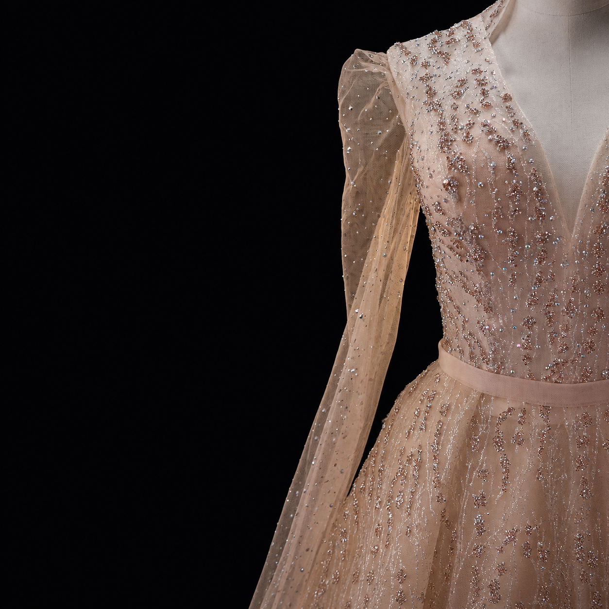 Luxury Champagne Glitter Evening Gowns with Sheer Cape Sleeves SL133