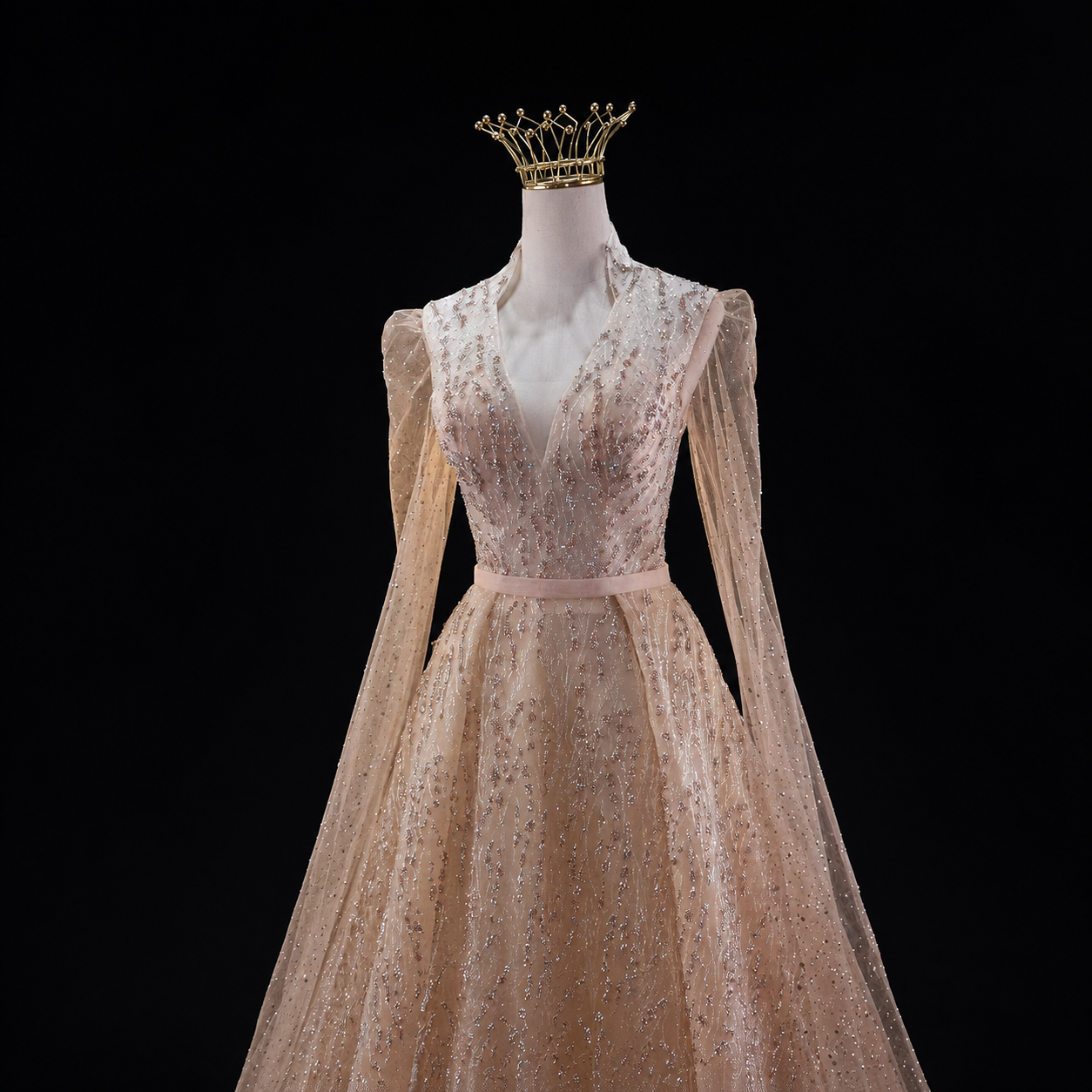 Luxury Champagne Glitter Evening Gowns with Sheer Cape Sleeves SL133