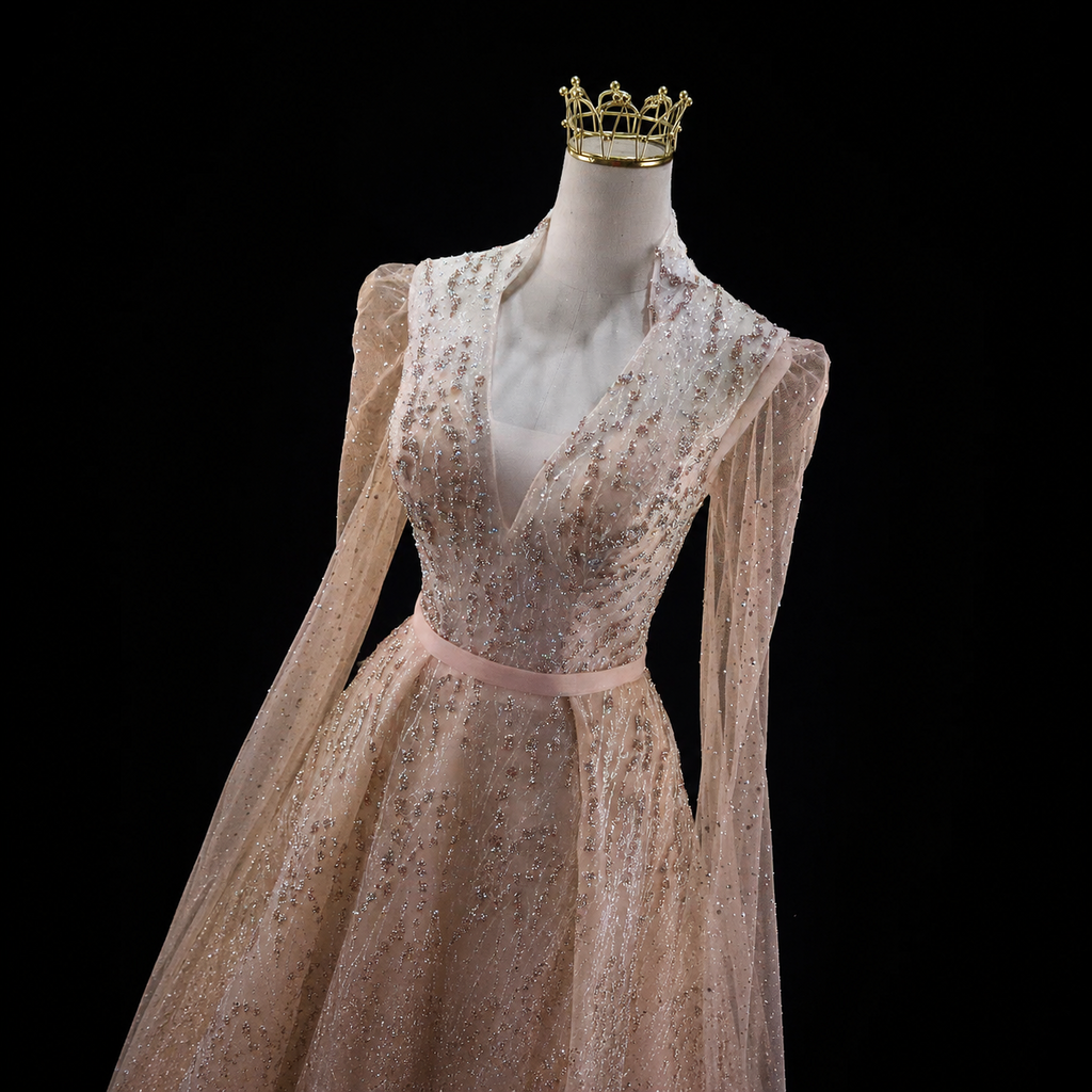 Luxury Champagne Glitter Evening Gowns with Sheer Cape Sleeves SL133