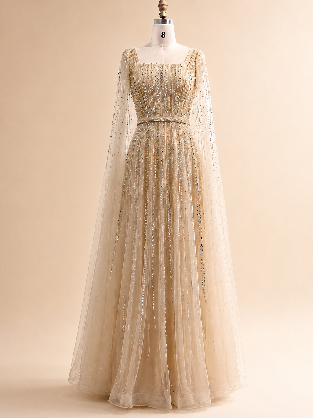 Champagne Sparkle Beaded Tulle Evening Gown with Cape Sleeves SL135