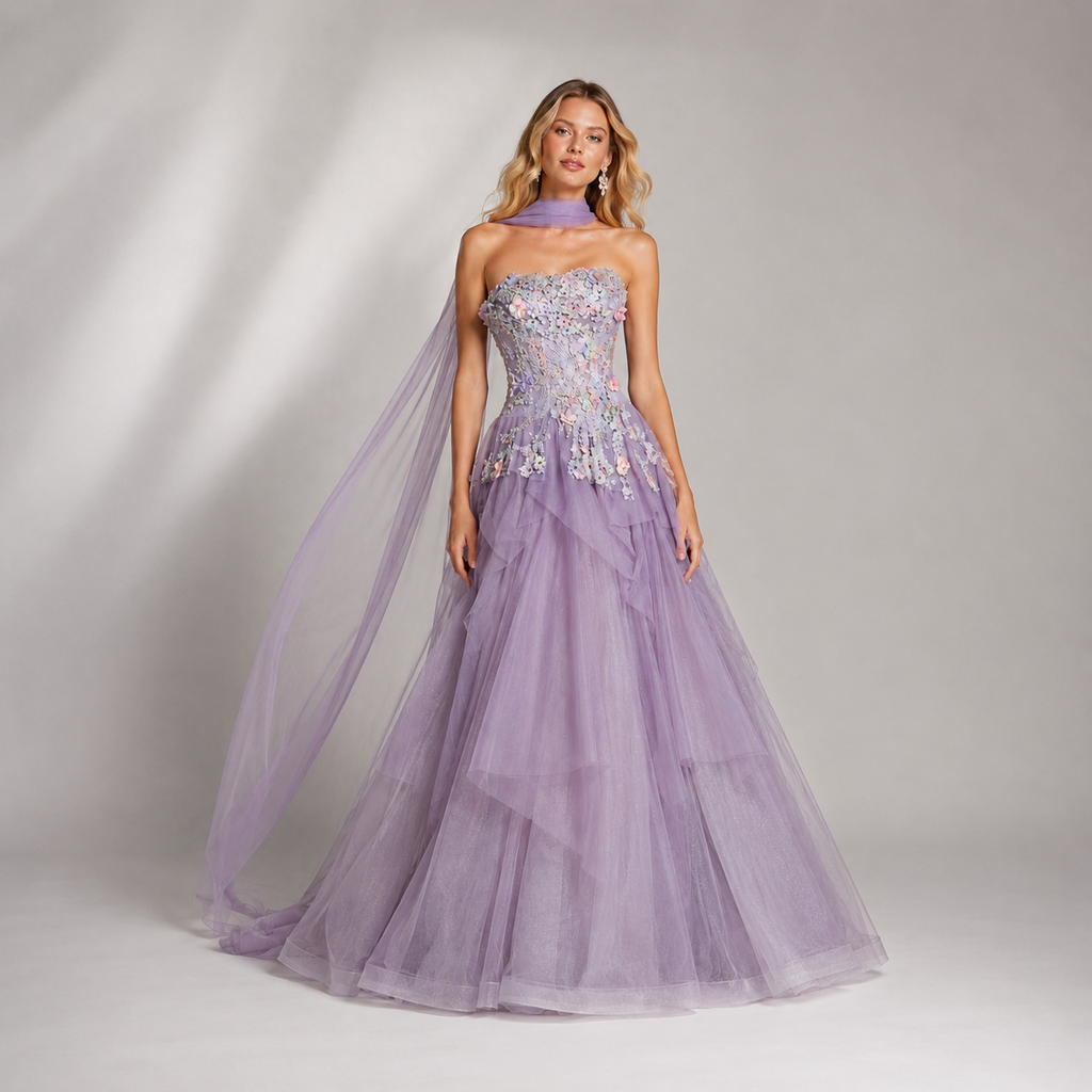Luxury Lavender Strapless Beaded Evening Gown with Scarf SL136
