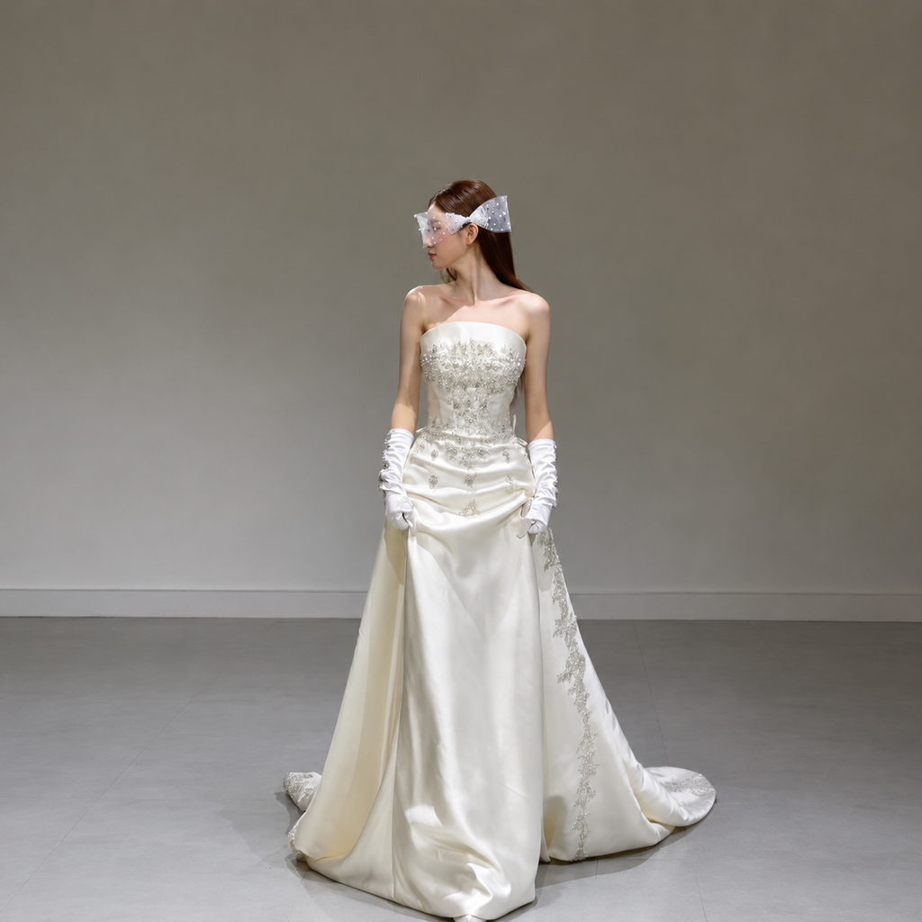 Luxury White Satin Wedding Dress with Long Train  LO210