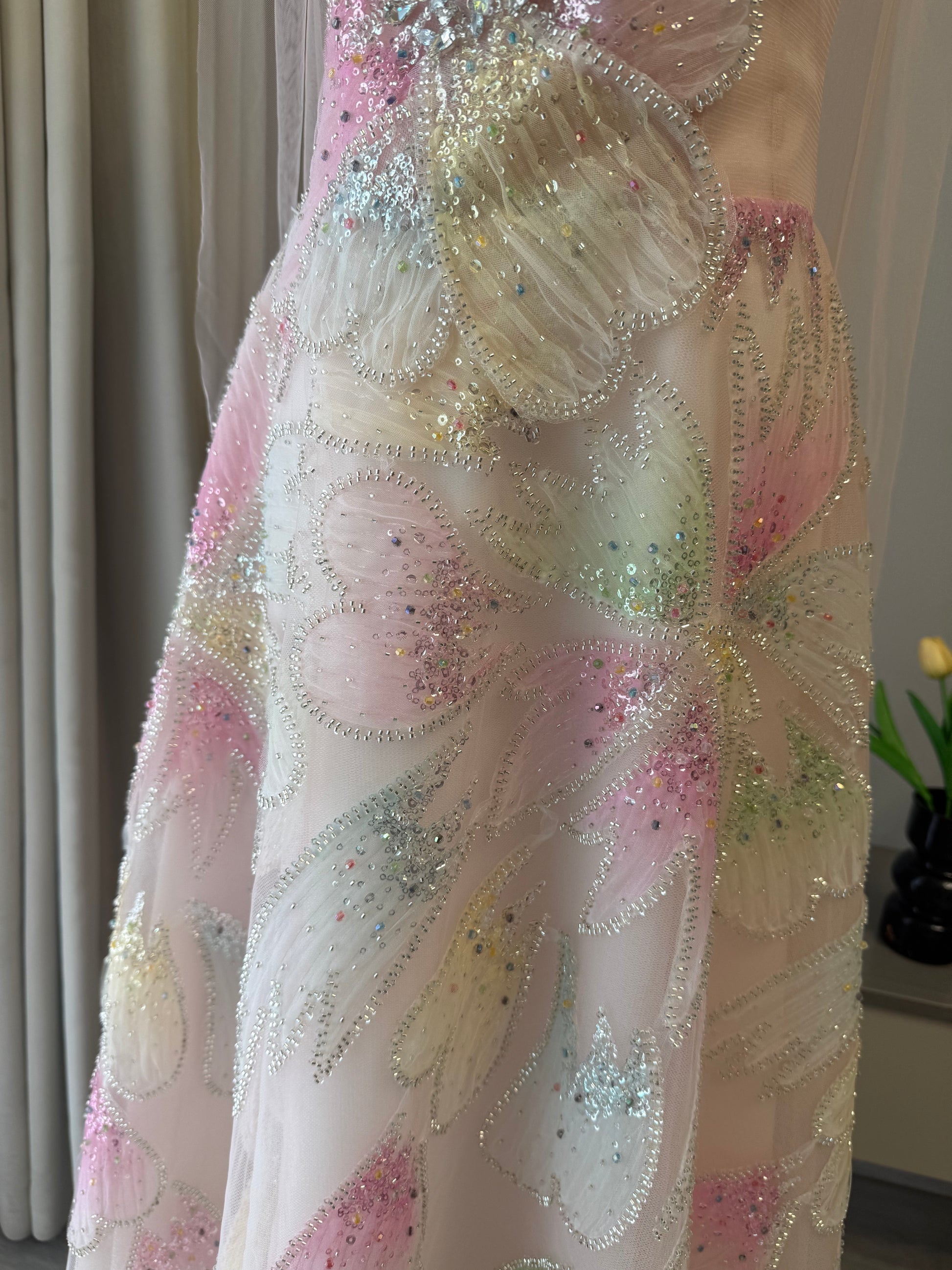 Luxury Green with Beaded Floral Details and Draped Sleeves Evening Dress SL161