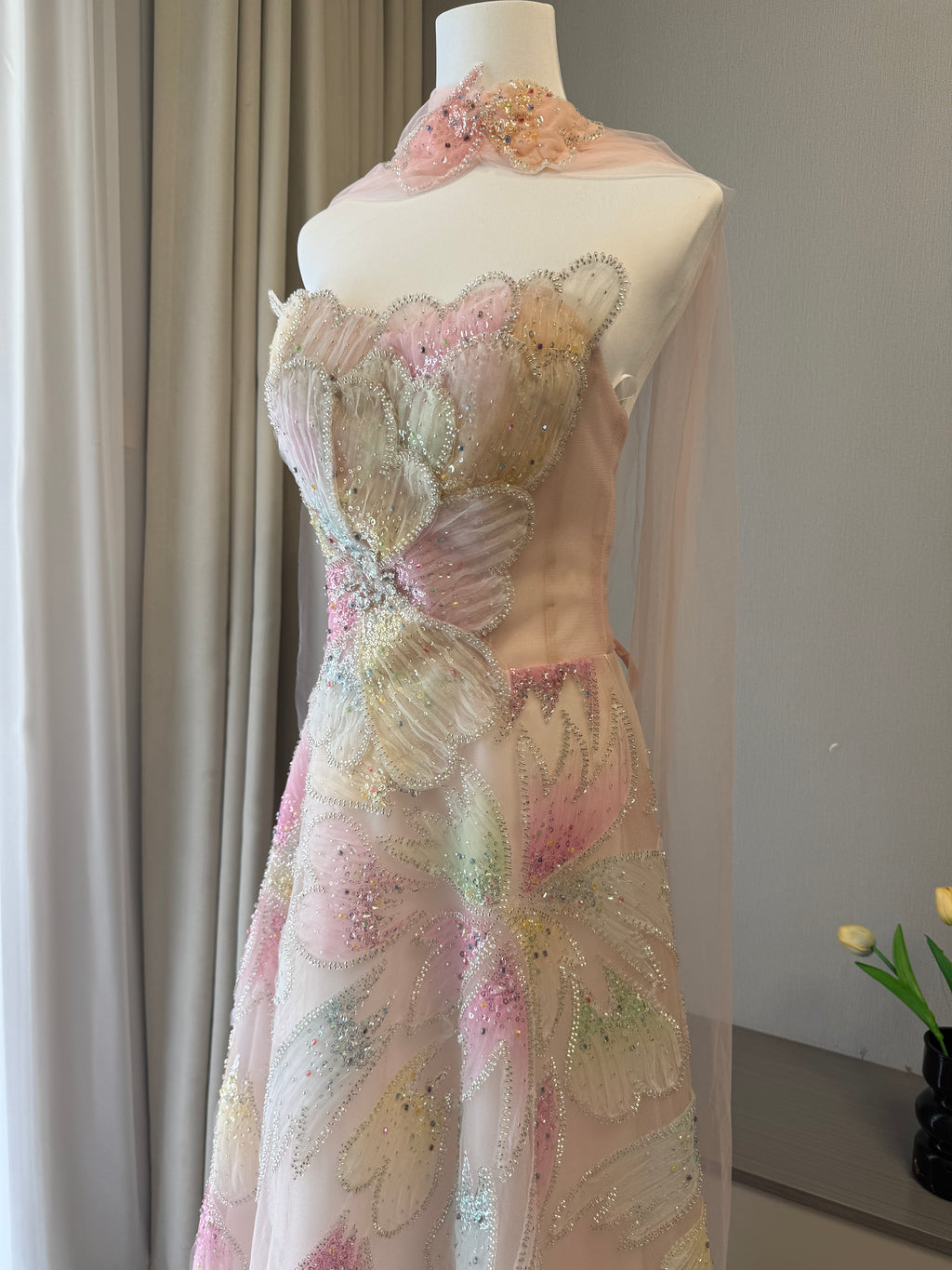 Luxury Green with Beaded Floral Details and Draped Sleeves Evening Dress SL161